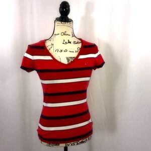 {Tommy Hilfger} V neck cap sleeve stripped shirt